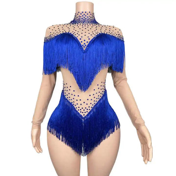 Sparkly Rhinestones Tassels Bodysuit for Women Sexy Mesh Performance Dance Costume Dancer Stage Wear Nightclub Outfit