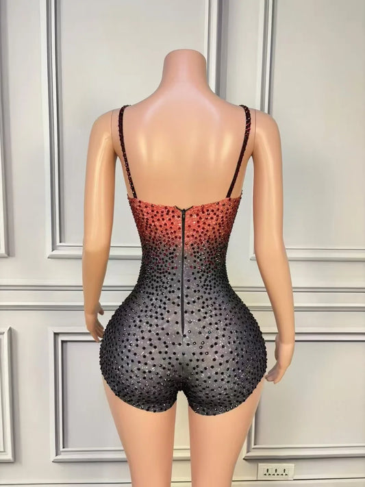 Sparkly Black Red Rhinestones Bodysuit for Women Sexy Sleeveless Nightclub Performance Dance Costume Stage Photoshoot Wear