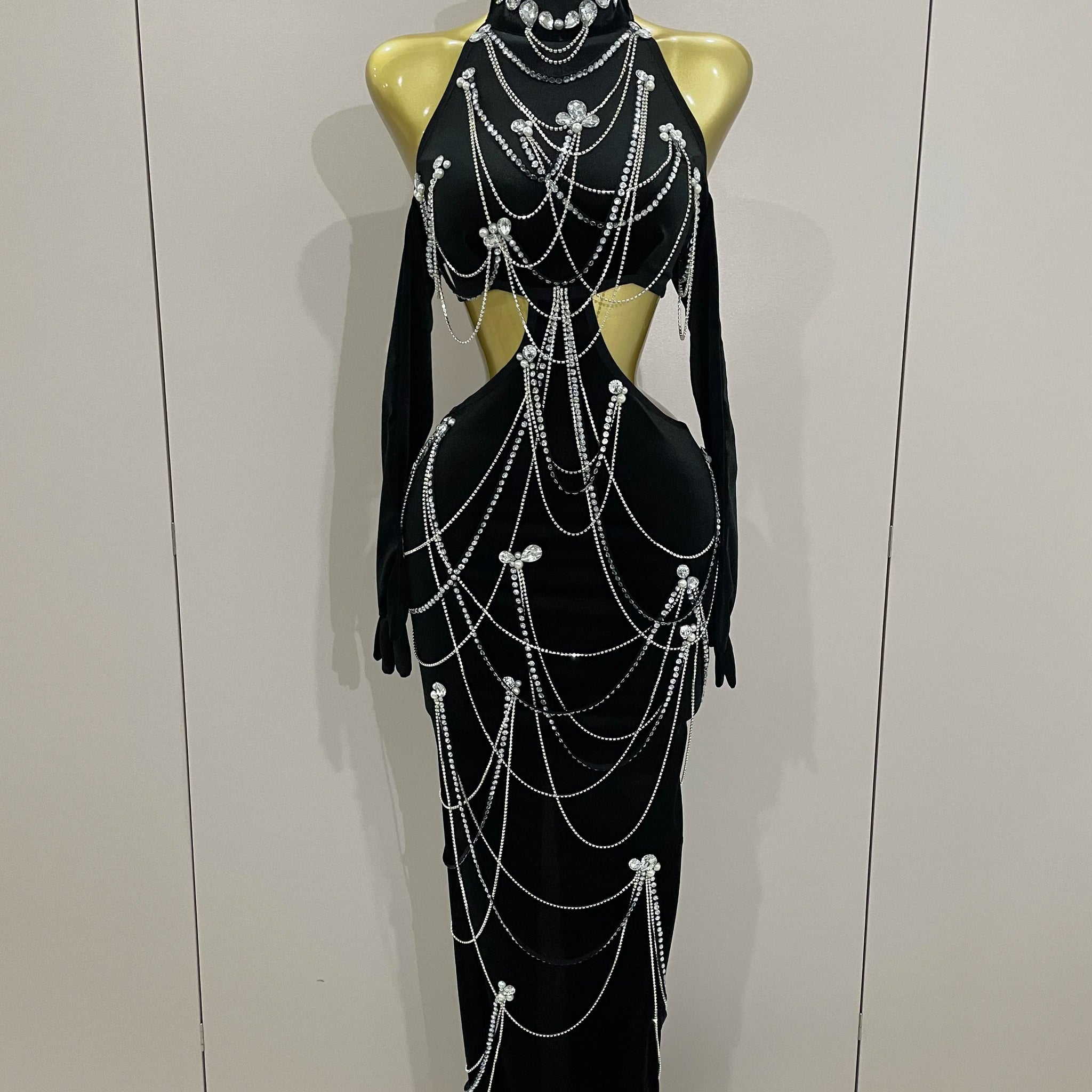 Women Sparkly Diamonds Tassels Chain Balck Sexy Halter Backless Long Dress Evening Birthday Party Celebrate Stage Costume