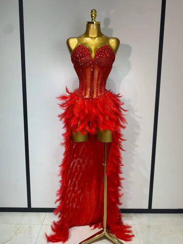 Sparkly Rhinestones Bodysuit Feathers Long Tail Dress Sexy Mesh Transparent Evening Party Celebrate Birthday Dress Stage Outfit