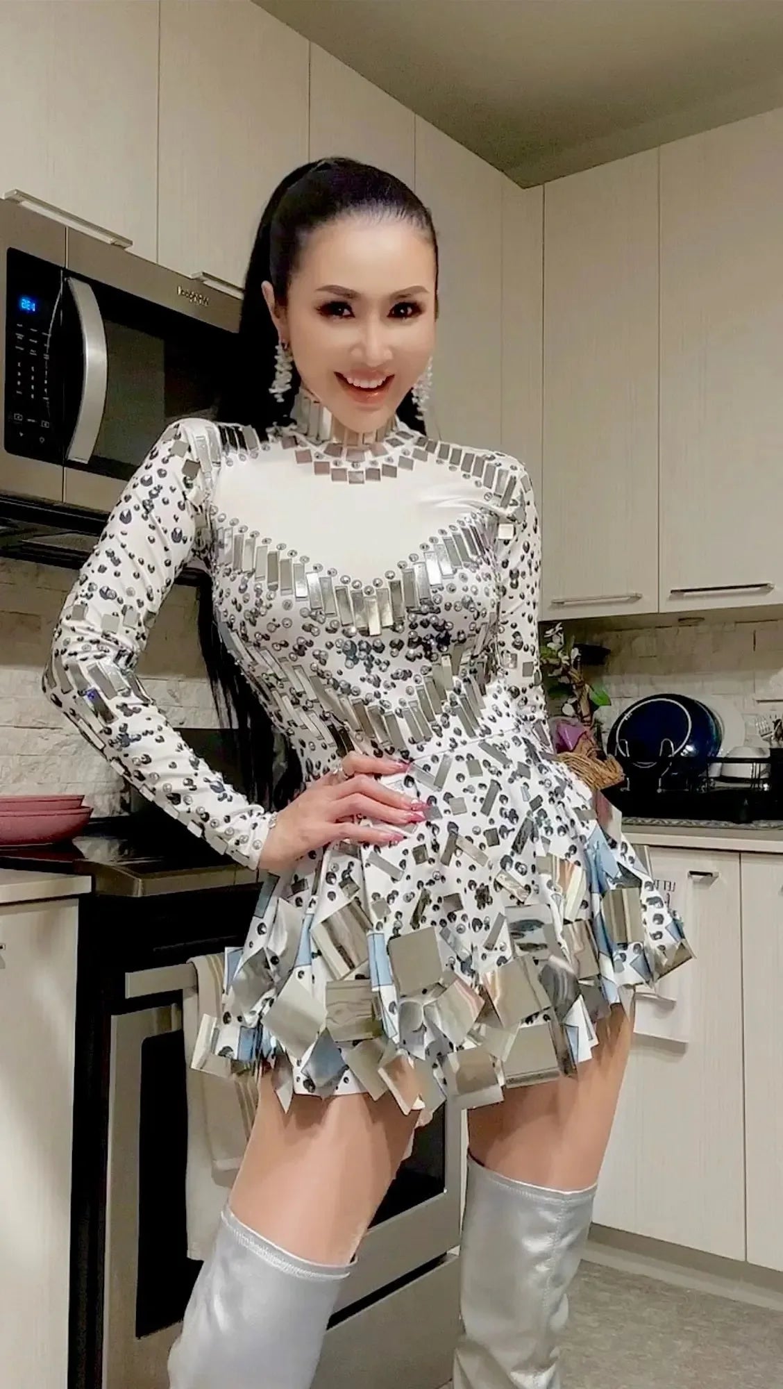 Women Sparkly Sequins Mirror Long Sleeve Mesh Sexy Mini Dress Night Party Club Dancer Performance Celebrity Stage Outfit