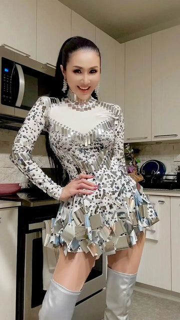 Women Sparkly Sequins Mirror Long Sleeve Mesh Sexy Mini Dress Night Party Club Dancer Performance Celebrity Stage Outfit