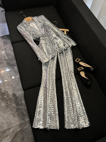 Ensemble pantalon et blazer à paillettes argentées brillantes, pantalon évasé, tenue de soirée accrocheuse, ensemble pantalon et paillettes en maille 
