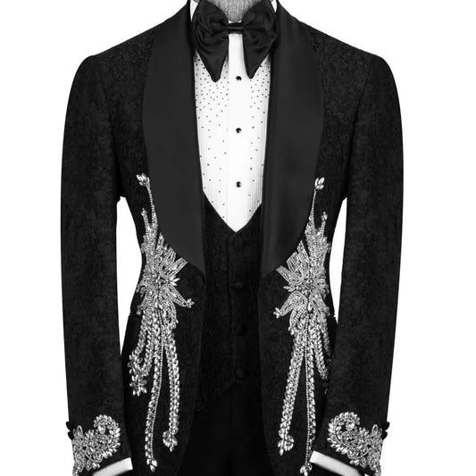 Luxury Jacquard Crystal Black Wedding Groom Tuxedo 3pcs Blazer Vest Pants Formal Prom Party Customized Men's Suits Set