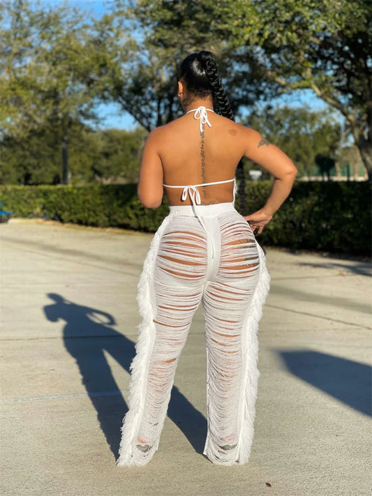 Sexy Women Crochet Set Two Pieces Set Halter Backless Top Pants Tassels Knitted 2 Pieces Set Hollow Out Crocheted Beach Set