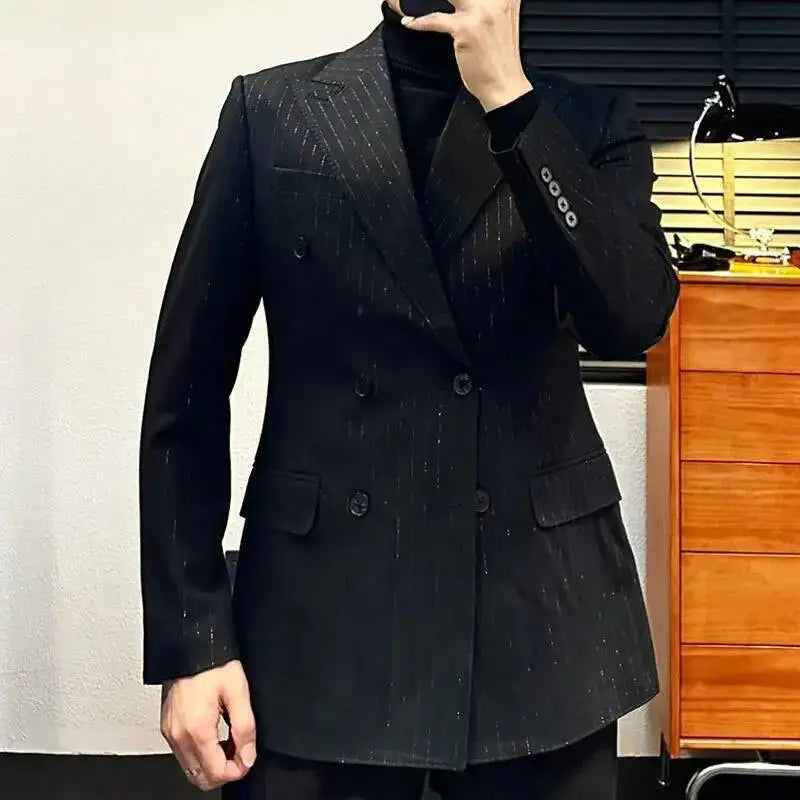 Lurex Yarn Casual Double Breasted Stripe for Men Blazer Masculino British Daily Men Blazer Hombre Fashion Shiny Slim Blazer