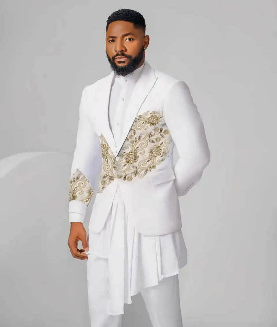 Gorgeous Wedding Tuxedos Appliques Beaded Men Suit Peaked Lapel 2 Piece Set Jacket Pants Groom Business Blazers Customized