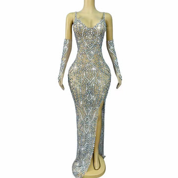 Sexy High-end Sparkly Rhinestones Elegant High Split Suspenders Dress Gloves Outfit Birthday Evening Party Gowns Stage Wear