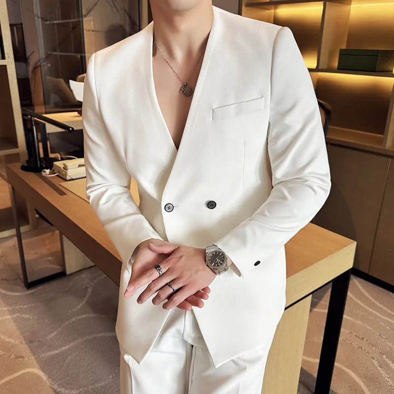 Stylish Men's Suit Coat Collarless V-Neck Solid Wear Style Slim Fit Blazer Jacket Male Black White Blue