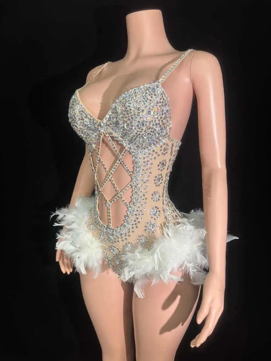 Body à plumes et strass scintillants pour femme, tenue de danse sexy et ajourée, tenue de scène pour chanteuse et danseuse, tenue de fête 
