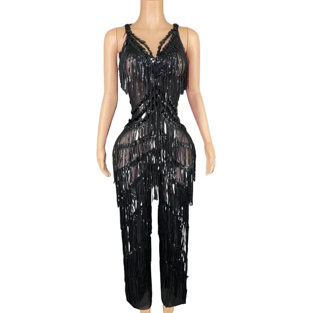 Customized Sparkly Rhinestones Sequins Jumpsuit for Women Sexy Birthday Celebrate Event Outfit Singer Dancer Performance Costume