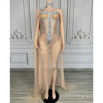 Sparkly Rhinestones Pearls Leotard Sleeve Cloak Floor-length Dress Women Sexy Mesh Evening Prom Event Celebrate Birthday Dress