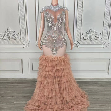 Sexy Luxury Sparkle Rhinestones Champagne Mesh Tail Dress Women Celebrate Gown Singer Stage Catwalk Festival Concert Costume