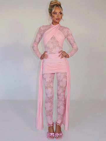 Sexy Patchwork Jumpsuit Women Ribbons Basics Solid Color Long Sleeve See Through Rompers One Piece Party Overalls