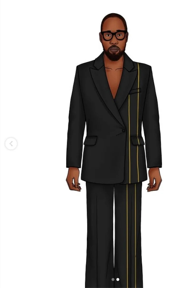 Black Men Suit Set 2 Piece Blazer+Pants Trousers Customized Formal Office Business Jacket Yellow Stripe Prom Wedding Tuxedo Coat