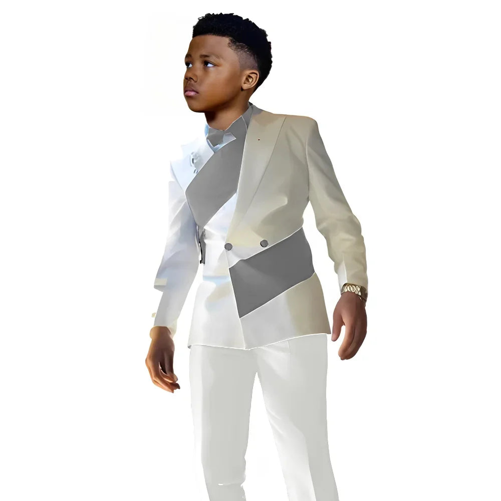 Satin Boys Suit 2 Pieces Set Double Breasted White Jacket with Pants Wedding Tuxedo Kids for 2-16 Years Old Boy Slim Fit Suit