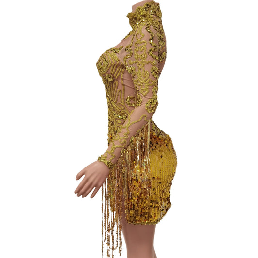 Robe courte à paillettes brillantes et pompons pour célébrer une fête, une discothèque, une danseuse, une scène, un costume de spectacle 