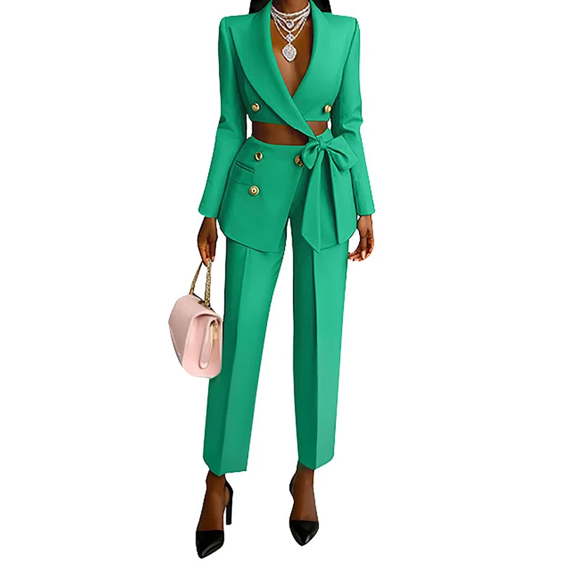 Ensemble élégant blazer à lacets et pantalon long pour femme, décontracté, manches longues, couleur unie, deux pièces, boutons tendance, tenue de ville