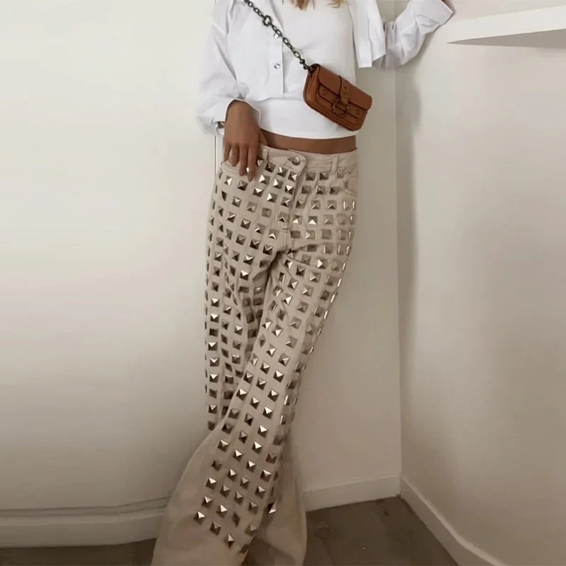 Vintage Rivet Denim Trousers Women Solid Low Waist Slim Straight Wide Leg Pants Spring Summer Lady High Street Jeans New