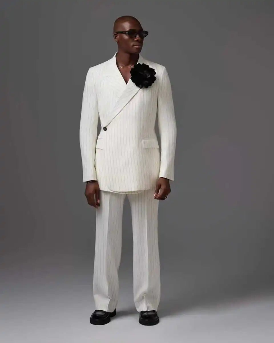 White Pinstripe Men Suit Set 2 Piece Blazer+Pant Trousers 3D Flower Customized Formal Office Jacket Wedding Tuxedos Coat