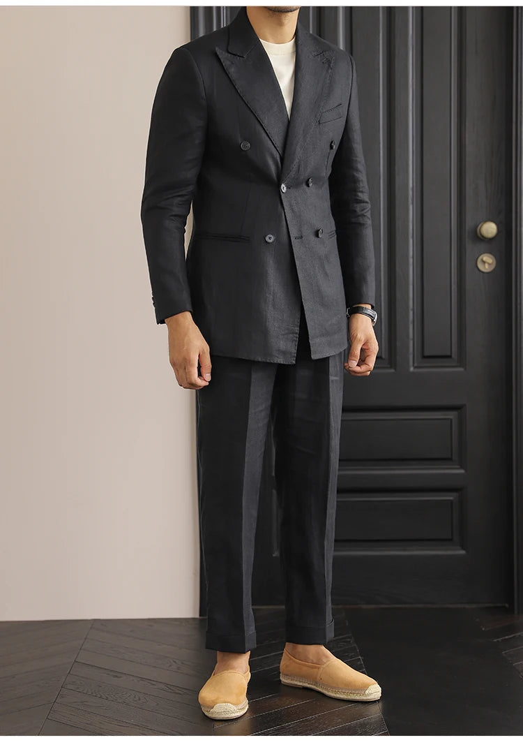 Costume italien croisé en lin de luxe pour homme, polyvalent, coupe slim, col à revers, style rétro, vert et marron, 4 couleurs