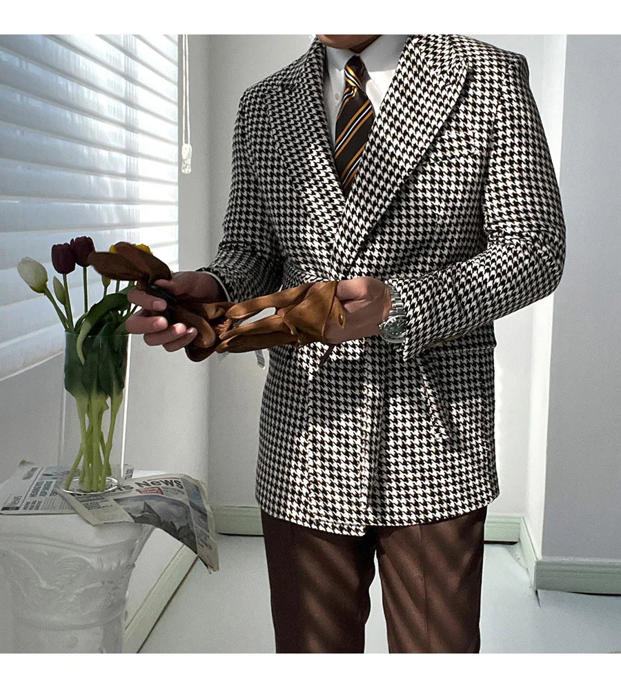 Houndstooth Woolen Blen Dplaid Retro Casual Men's Coat Slim Long Sleeve Belt Suit 2PC