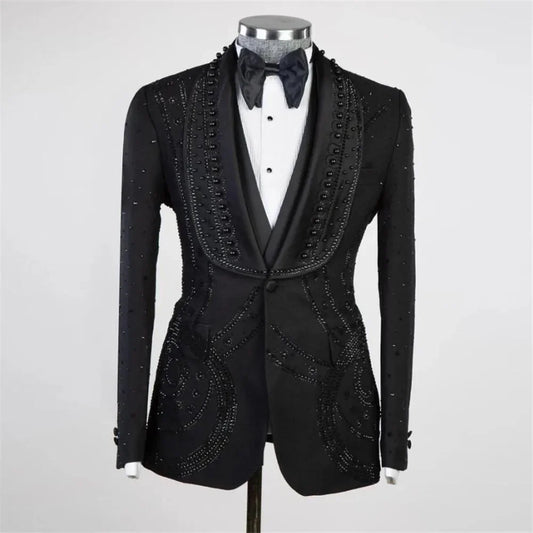 Men Suits Wedding Tailor-Made Pearls Beading Shawl Lapel 3 Pieces Set Coat One Button Groom Blazer Customized Jacket Vest Pants