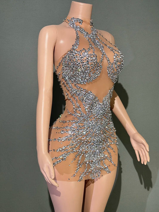 Sparkly Rhinestones Short Dress Sexy Mesh See Through Party Evening Prom Celebrate Birthday Dress Singer Show Photo Shoot Wear