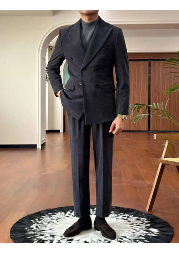 Autumn Thick Corduroy Groom Men Suit Designers Slim Fit Business Casual Double Breasted Suit Set Trend