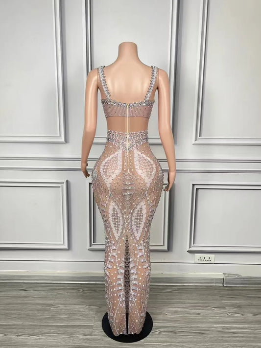 Sparkling Crystals Luxury Women Birthday Evening Dress Sexy See Through Stretch Mesh Party Photoshoot Dress Dance Stage Costume