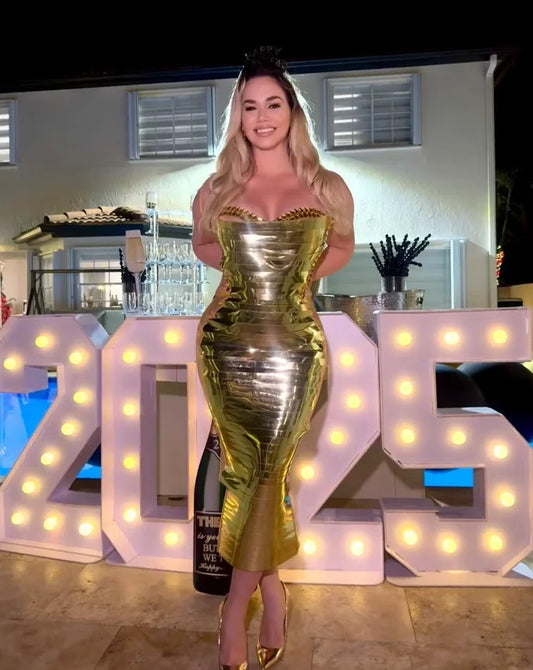 Women Luxury Gold 3D Strapless Crystal Bodycon Long Y2K Evening Party Dress One Piece Celebrity Gala Gown Special Occasion Dress