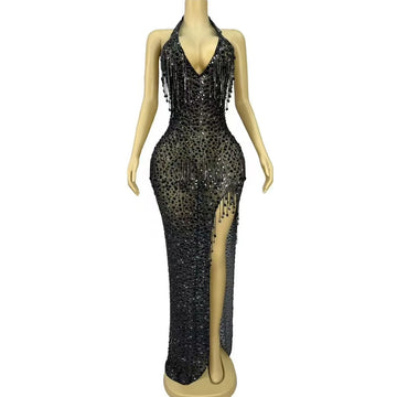 Black Rhinestones Crystals Chain Heavy Luxury Gowns Sexy V-neck Backless Dress Women Party Show Red Carpet Photoshoot Costume