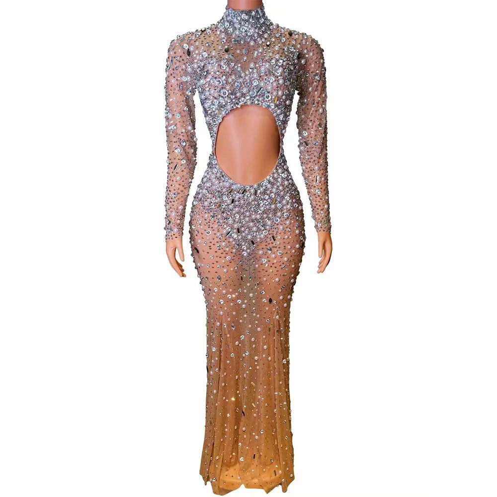 Sexy Brilliant Nightclub Bar Female Singer Full Diamond Mesh Perspective Hollow Long Sleeve Wrapped Hip Model Performance Dress