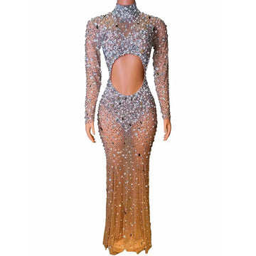 Sexy Brilliant Nightclub Bar Female Singer Full Diamond Mesh Perspective Hollow Long Sleeve Wrapped Hip Model Performance Dress