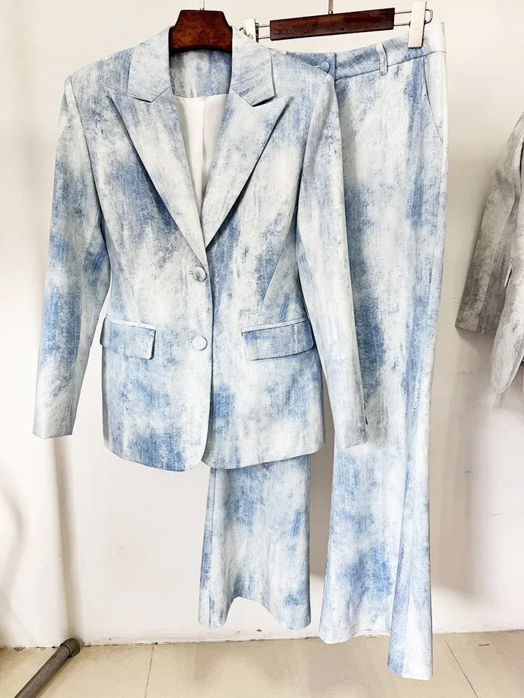 Fashion Designer Suit Set Women's Tie Dye Printed Slim Mid Length Blazer  Long Pants Set 2PCS