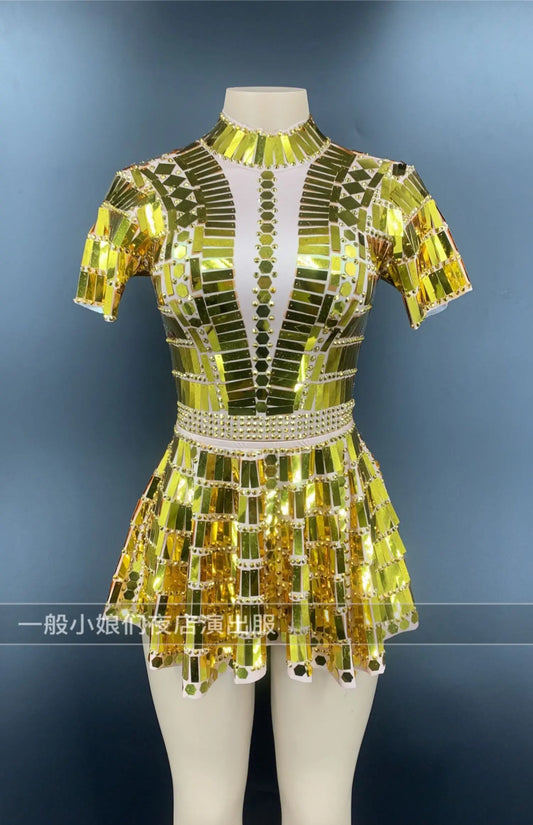 Robe de soirée courte à paillettes dorées et cristaux pour fête d'anniversaire, tenue de spectacle, de danse, grande taille 