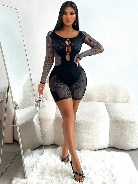 Combinaisons une pièce sexy pour femmes, combinaisons ajourées, moulantes noires à manches longues, combinaisons 