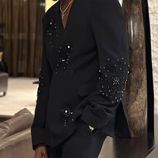 Customized Luxury Gem Diamond Men Suits Peaked Lapel Groom Tuxedos Wedding Trajes Para Hombre 2 Pieces Sets Male Prom Blazer