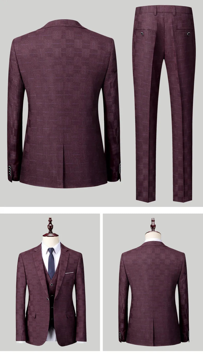 Plaid Men's Suit Korean Slim Suit Suit Men's Business Large Size Three-piece Set
