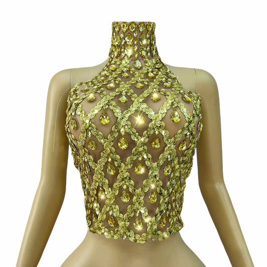 Nuevo Top de vendaje de malla transparente sexy con brillantes diamantes de imitación para mujer, ropa para fiestas, celebraciones, desfiles de moda, disfraz para escenario 