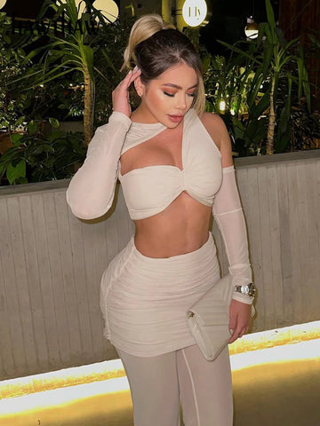 Women Spring Long Sleeve Crop Tops Long Pants Party Club Two Piece Sets Outfits