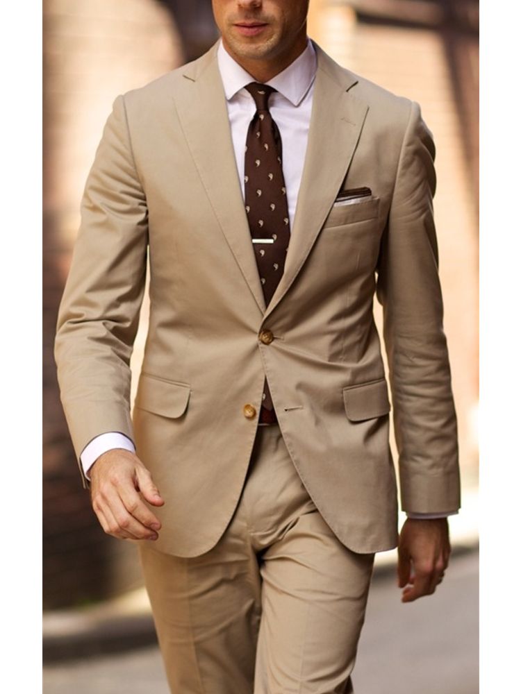 Custom Beige Suit 2 Pieces Two Button Notch Lapel Groom Tuxedo Slim Fit Wedding Outfits (Jacket+Pants+Tie)