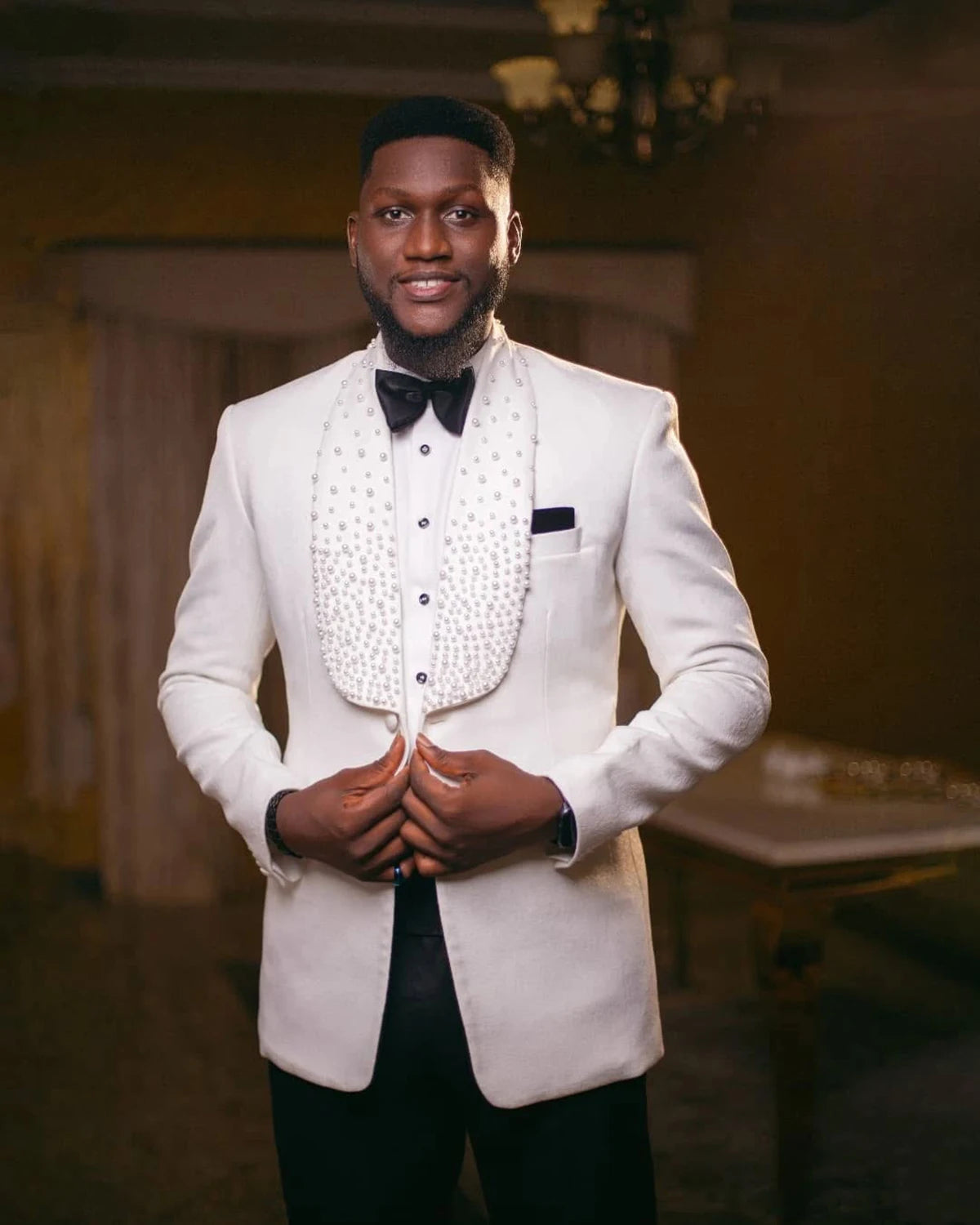 Elegant Men Suits Pearls Tailor-Made 2 Pieces Shawl Lapel Jacket Groom Blazer One Button Evening Party Customized Coat Pants