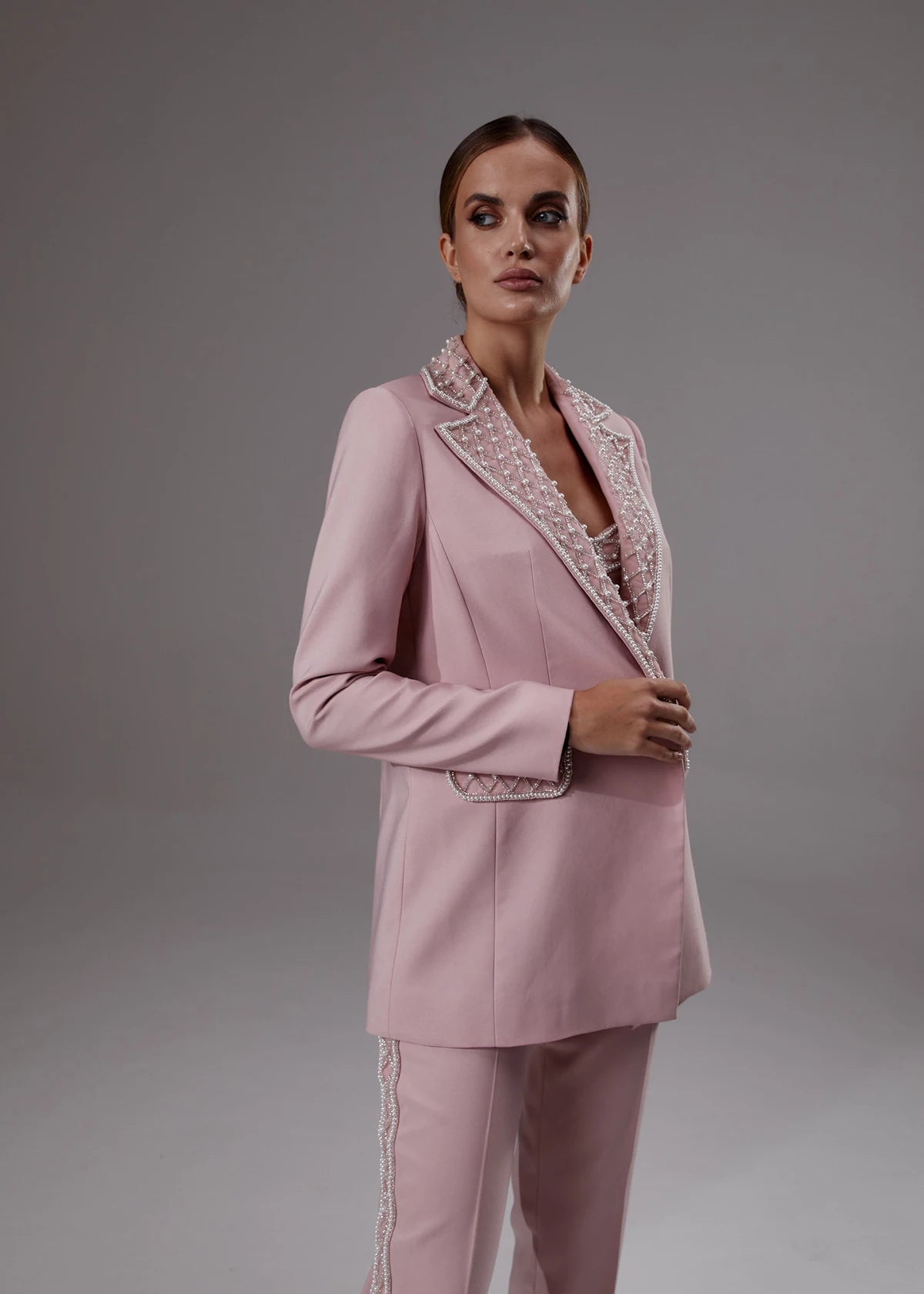 Elegant Pearl Beaded Blazer Set for Women - 3 Piece Custom Tailored Outfit for Party, Prom, and Wedding Events
