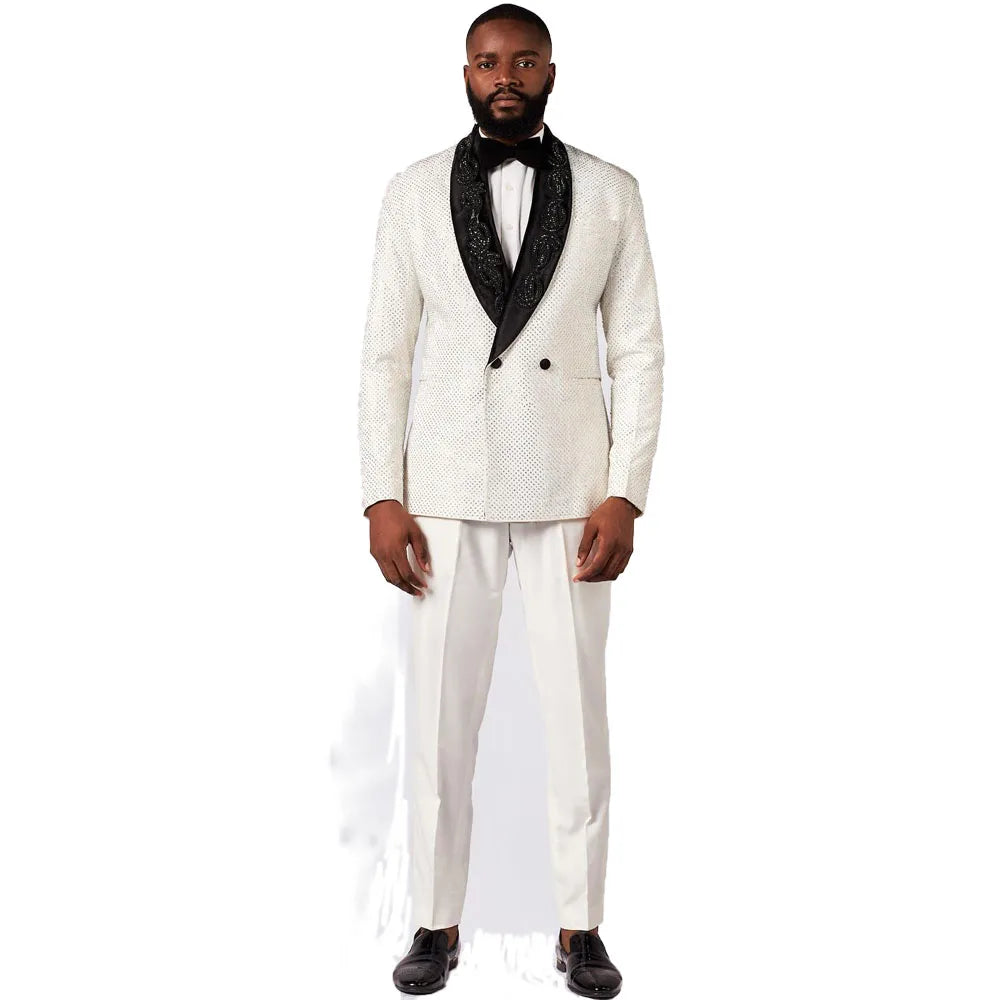 Modern Men Suits Shawl Lapel Rhinestone Tailor-Made 2 Pieces Set Jacket Beaded Double Breasted Blazer Customized Coat Pants