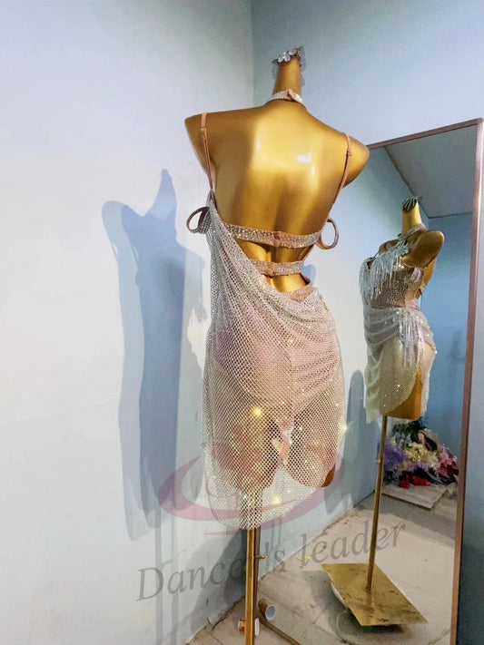 Latin Dance Women's High-end Dress Custom Full Diamond Mesh Cape Suspender Samba Performance Clothing Blackpool Dress