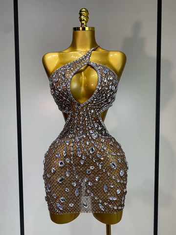 Sexy Sparkly Diamond Backless Short Dress Women Sleeveless Mesh See Through Evening Birthday Gown Singer Stage Outfit