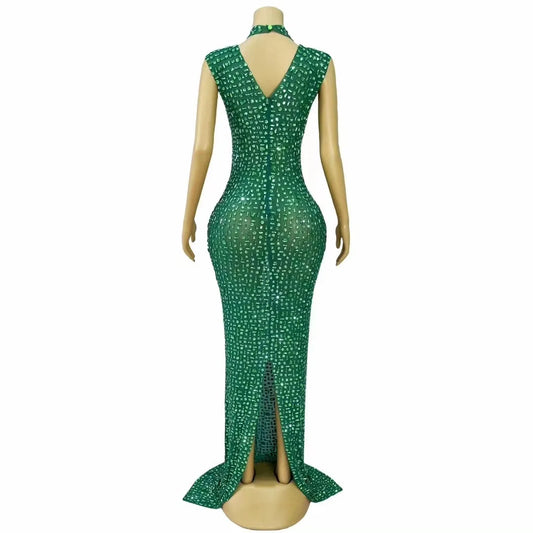 Sexy High-end Party Evening Dress Blingbling Green Rhinestones Elegant Evening Prom Red carpet Outfit Perform Photoshoot Dress