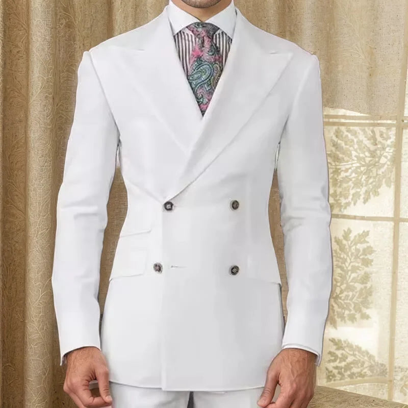 White Silm Fit Formal Suits for Men Double Breasted Peaked Lapel Groomsmen Wedding Tuxedo Male Suit Fashion African Jacket Pants