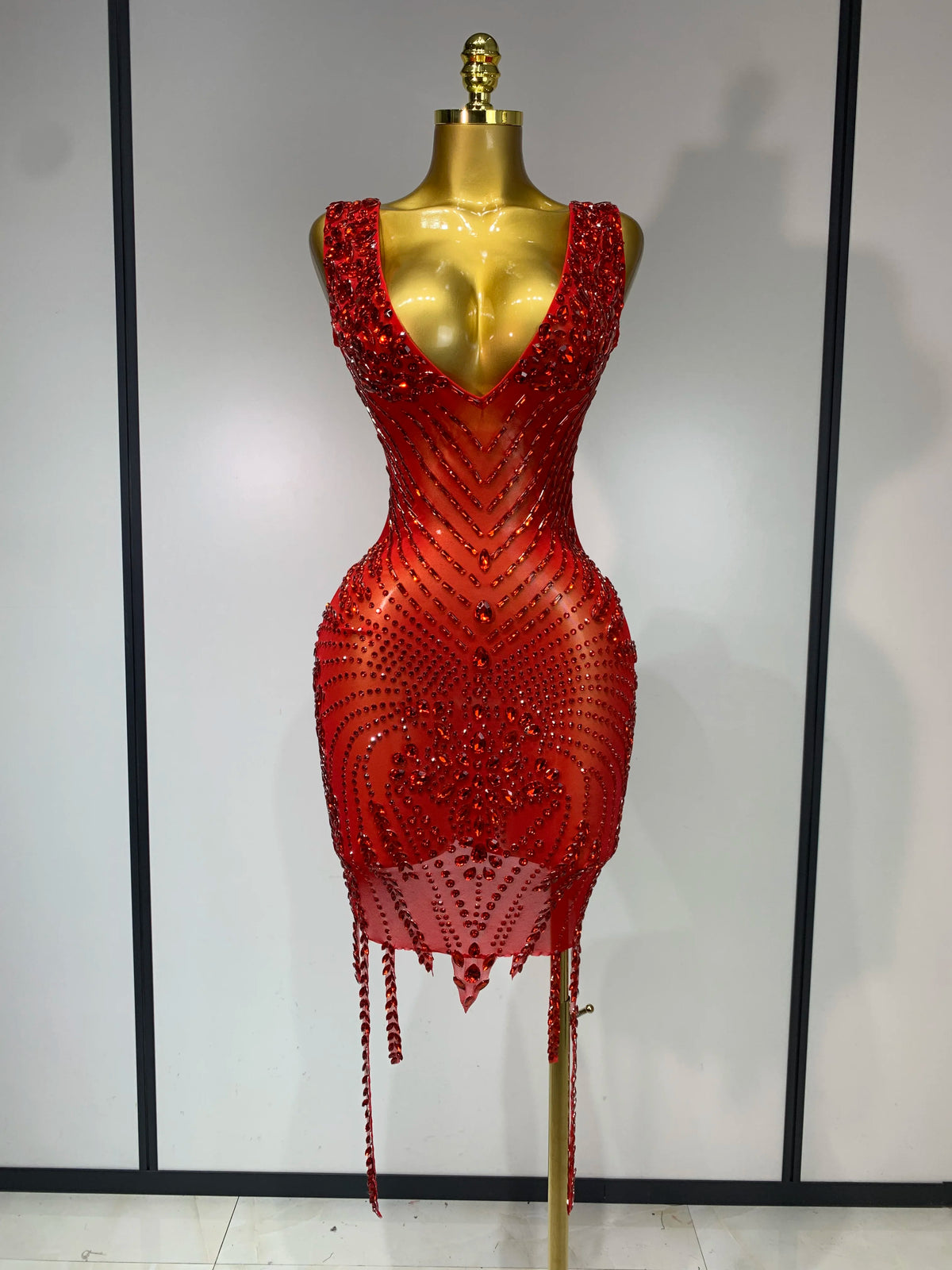 Sparkly Rhinestone Mesh See Through V Neck Dress Women Sexy Performance Stage Costume Evening Party Club Luxury Birthday Outfit